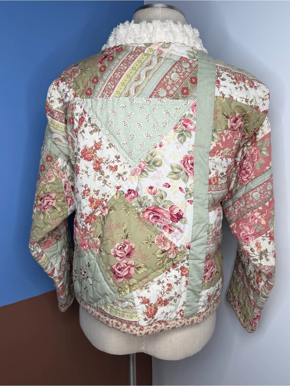 Handmade Repurposed Quilt Jacket‎ Chenille Accents Pink Green Floral Button Up